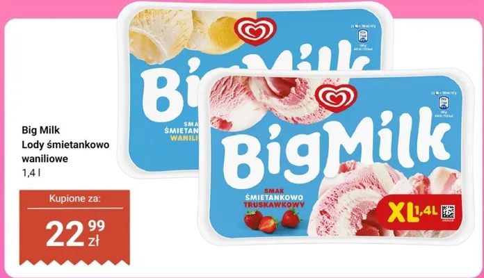 Lody śmietankowo truskawkowe Big Milk promocja w Dino