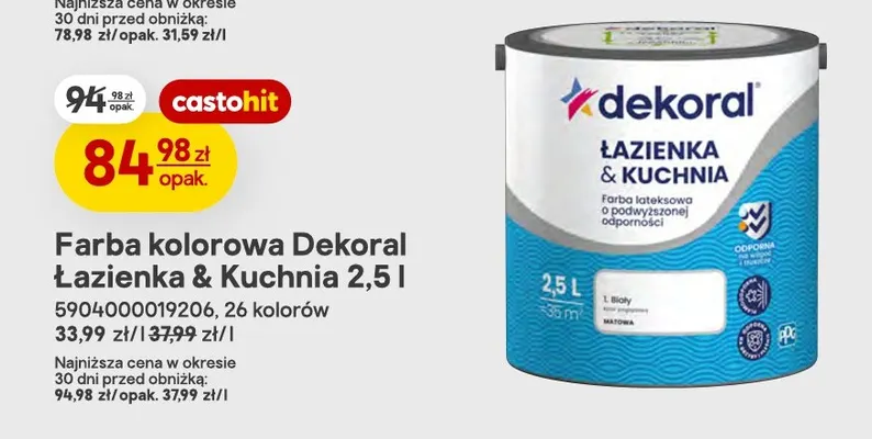 Farba kolorowa Dekoral Łazienka & Kuchnia 2,5 l promocja w Castorama