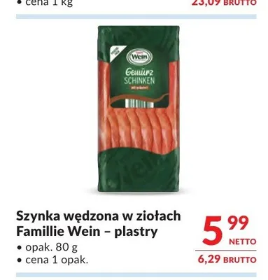 Szynka wędzona w ziołach Famillie Wein plastry promocja w Makro