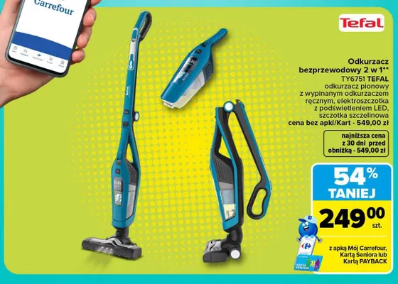 Odkurzacz bezprzewodowy 2 w 1 TY6751 Tefal promocja w Carrefour