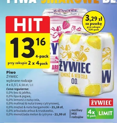 Piwo bezalkoholowe Żywiec arbuzada arbuz & truskawka 4-pak promocja w Intermarche