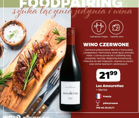 Wino czerwone Les Amourettes Merlot promocja w Netto