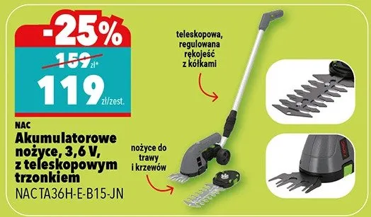Akumulatorowe nożyce 3.6V, z teleskopowym trzonkiem NACTA36H-E-B15-JN promocja w Biedronka