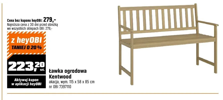 Ławka ogrodowa Kentwood akacja 115x58x85cm promocja w OBI