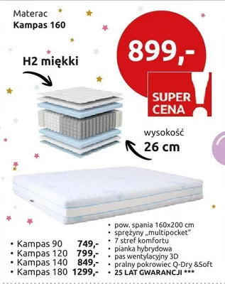 Materac Kampas 160 H2 miękki promocja w Black Red White
