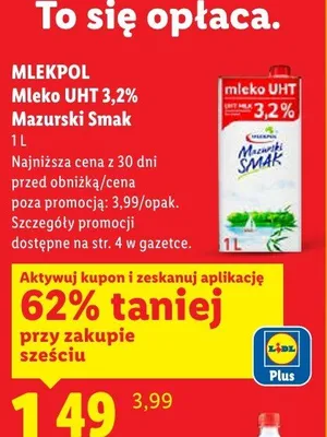 Mleko UHT 3,2% Mazurski Smak promocja w Lidl