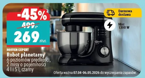 Robot planetarny 5 poziomów prędkości, 2 misy o pojemności 4 l i 5 l, czarny promocja w Biedronka Home
