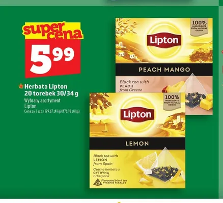 Herbata czarna Lipton Lemon 20-pak promocja w TOPAZ
