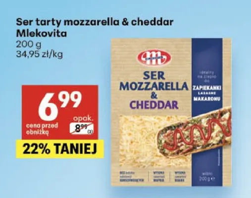 Ser tarty mozzarella & cheddar Mlekovita promocja w Delikatesy Centrum