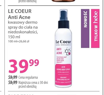 Anti Acne kwasowy dermo spray do ciała na niedoskonałości Le Coeur promocja w Hebe