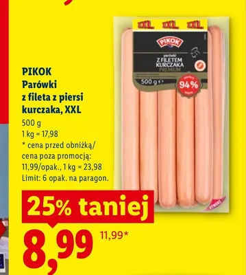 Parówki z fileta z piersi kurczaka Pikok XXL promocja w Lidl