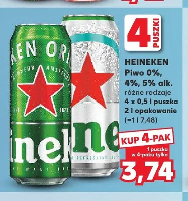 Piwo bezalkoholowe Heineken 0% alk. 4-pak 500ml promocja w Kaufland