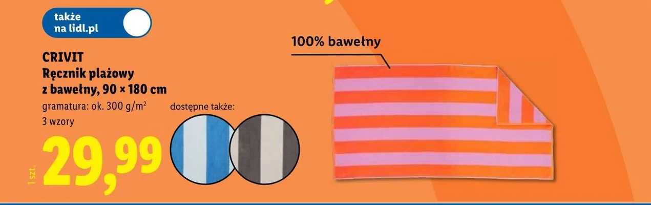 Ręcznik plażowy z bawełny CRIVIT 90x180 cm promocja w Lidl