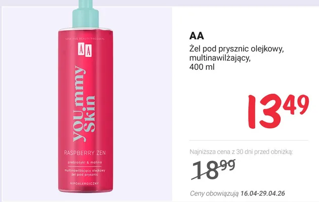 Żel pod prysznic olejkowy multinawilżający AA You.mmy Skin Raspberry Zen promocja w Rossmann