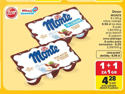 Deser mleczny Monte o obniżonej zawartości cukru Zott 6-pak promocja w Carrefour Market