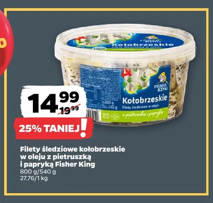 Filety śledziowe kołobrzeskie w oleju z pietruszką i papryką Fisher King promocja w Netto
