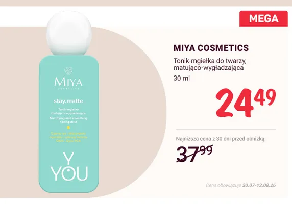 Tonik-mgiełka do twarzy matująco-wygładzająca Miya Cosmetics promocja w Rossmann