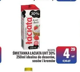 Śmietanka Łaciata UHT idealna do deserów, sosów i kremów Mlekpol 30% promocja w Tomi Markt