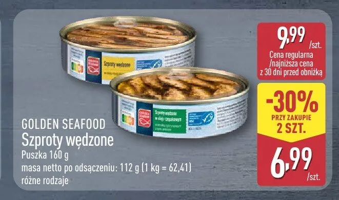 Szproty wędzone w oleju rzepakowym Golden Seafood promocja w Aldi
