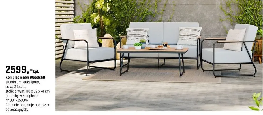 Komplet mebli Woodcliff aluminium, eukaliptus, sofa, 2 fotele, stolik o wym. 110 x 52 x 41 cm, poduchy w komplecie promocja w OBI