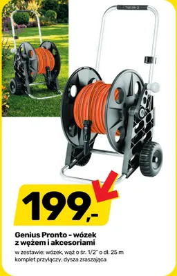 Wózek z wężem i akcesoriami Genius Pronto wąż 1/2" 25m komplet przyłączy dysza zraszająca promocja w Bricomarche