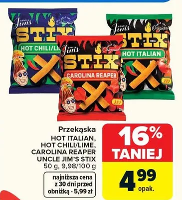 Przekąska Hot Italian, Hot Chili/Lime, Carolina Reaper, Uncle Jim's Stix różne rodzaje promocja w Carrefour Market