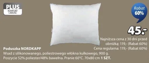 Poduszka Nordkapp wkład z silikonowanego, poliestrowego włókna kulkowego, poszycie 52% poliester/48% bawełna 70x80cm promocja w Jysk