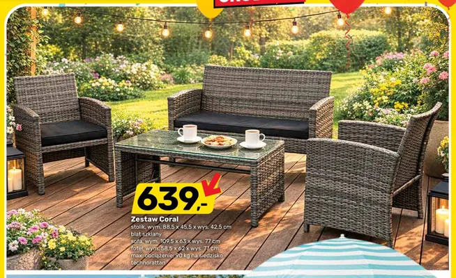 Zestaw Coral stolik 88,5x45,5x42,5cm blat szklany sofa 109,5x63x77cm fotel 58,5x62x77cm technorattan promocja w Bricomarche