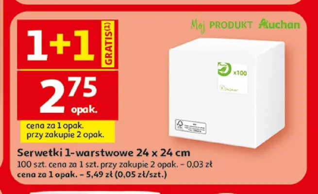 Serwetki 1-warstwowe Moj PRODUKT Auchan 24x24 cm promocja w Auchan