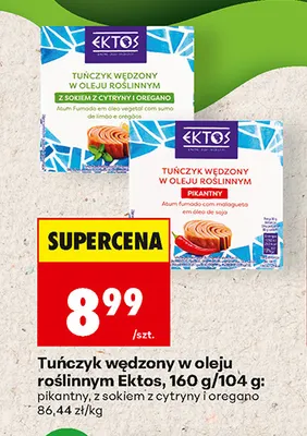 Tuńczyk wędzony w oleju roślinnym Ektos z sokiem z cytryny i oregano promocja w Biedronka