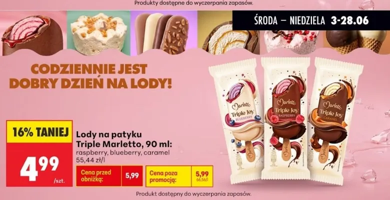 Lody na patyku Marletto Triple Joy caramel 90 ml promocja w Biedronka