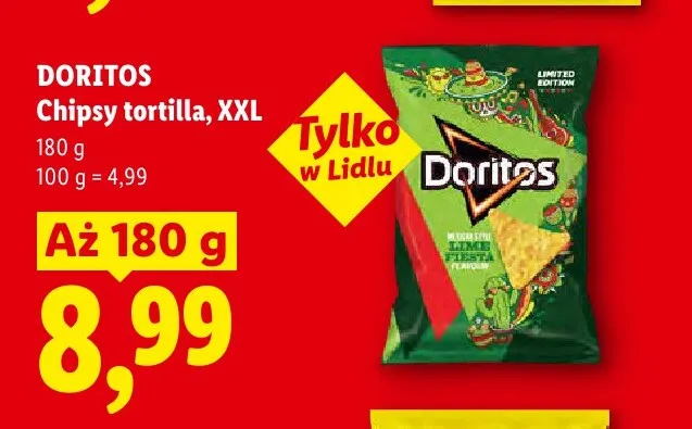 Chipsy tortilla Doritos XXL Mexican Style Lime Fiesta promocja w Lidl