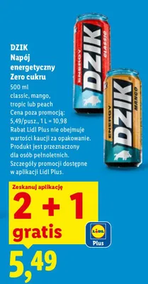 Napój energetyczny Zero cukru Dzik classic, mango, tropic lub peach promocja w Lidl