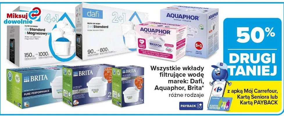 Wszystkie wkłady filtrujące wodę marek Dafi, Aquaphor, Brita różne rodzaje promocja w Carrefour Market