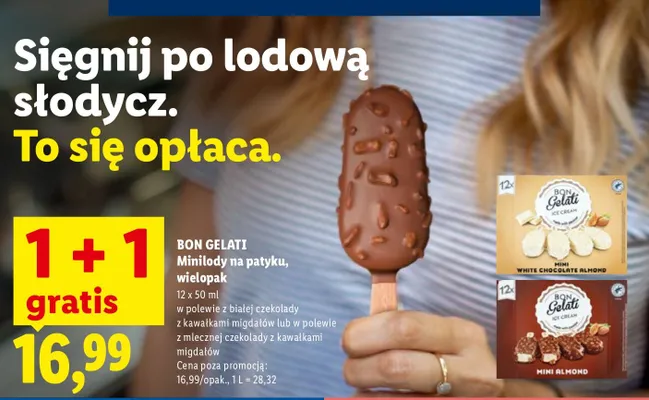 Lody Minilodziki na patyku, wielopak w polewie z białej czekolady z kawałkami migdałów  promocja w Lidl