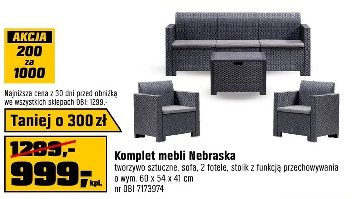 Komplet mebli Nebraska tworzywo sztuczne, sofa, 2 fotele, stolik z funkcją przechowywania wym. 60x54x41cm nr OBI 7173974 promocja w OBI