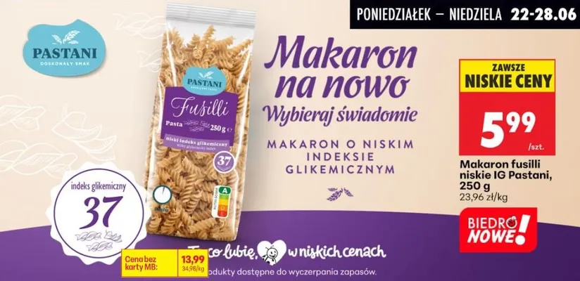 Makaron fusilli niskie IG Pastani promocja w Biedronka