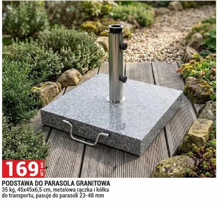 Podstawa do parasola granitowa 35kg 45x45x6,5cm metalowa rączka i kółka do transportu pasuje do parasoli 23-48mm promocja w Merkury Market