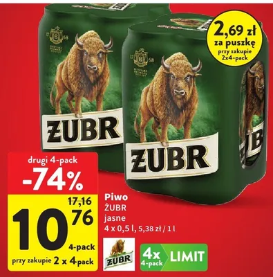 Piwo Żubr jasne 4-pack promocja w Intermarche
