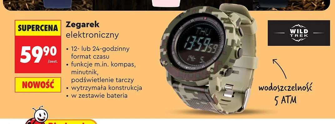 Zegarek elektroniczny WILD TREK 12- lub 24-godzinny format czasu funkccje m.in. kompas minutnik podświetlenie tarczy wytrzymała konstrukcja w zestawie bateria wodoszczelność 5 ATM promocja w Biedronka