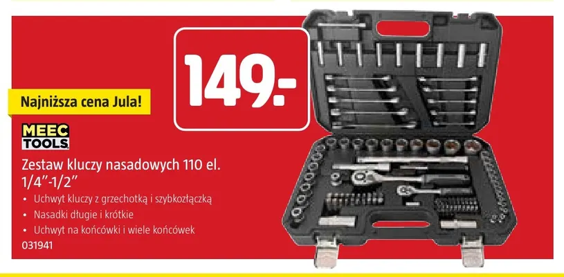 Zestaw kluczy nasadowych 110 el. 1/4"-1/2" Meec Tools promocja w Jula