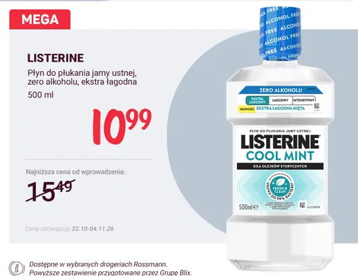 Płyn do płukania jamy ustnej zero alkoholu ekstra łagodna Listerine promocja w Rossmann