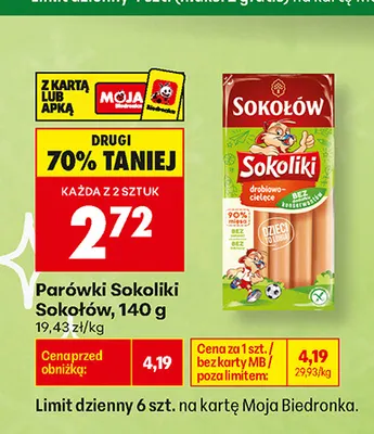 Parówki drobiowo-cielęce Sokoliki Sokołów promocja w Biedronka