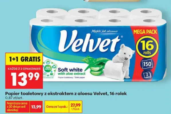 Papier toaletowy z ekstraktem z aloesu Velvet Soft White promocja w Biedronka