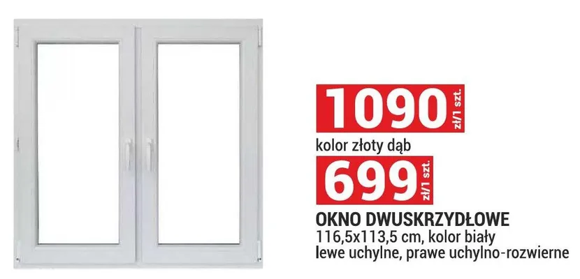 Okno dwuskrzydłowe 116,5x113,5cm lewe uchylne prawe uchylno-rozwierne kolor złoty dąb promocja w Merkury Market