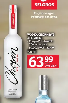 Wódka Chopin Rye 40% 700 ml promocja w Selgros