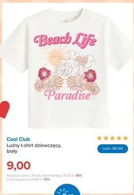 T-shirt dziewczęcy Cool Club luźny biały promocja w Smyk