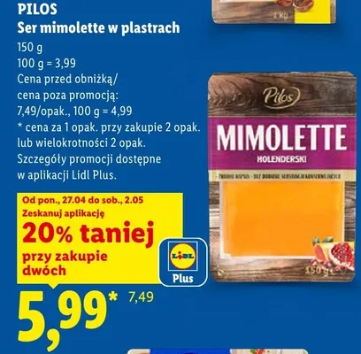 Ser mimolette w plastrach Pilos promocja w Lidl