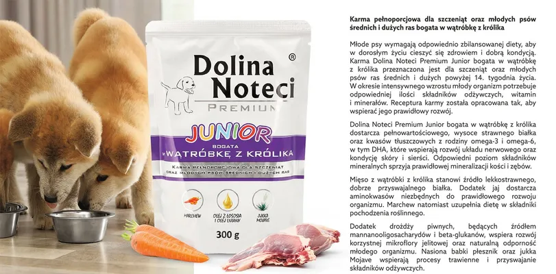 Karma w saszetce dla młodych psów Dolina Noteci Premium Junior wątróbka z królika promocja w Biedronka