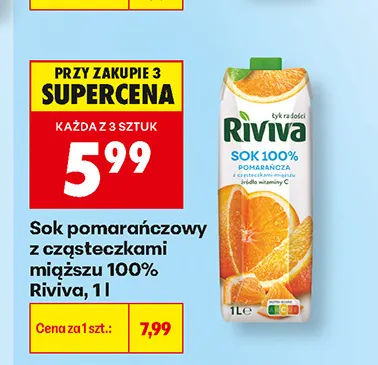 Sok pomarańczowy z cząsteczkami miąższu 100% Riviva promocja w Biedronka